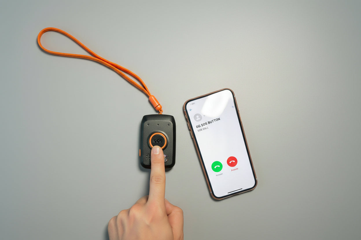 Black device with orange strap on a dark surface